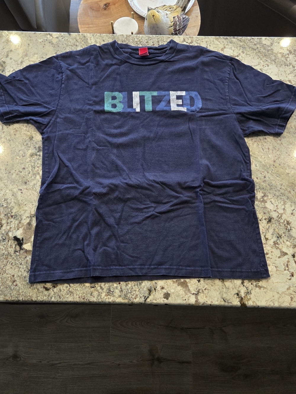 BLITZED Graphic Tee in Navy with Multicolor Letters